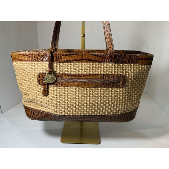 Brahmin Tisbury Collection Raffia Woven Straw Body Vintage & Croc Leather Trim - Picture 3 of 16